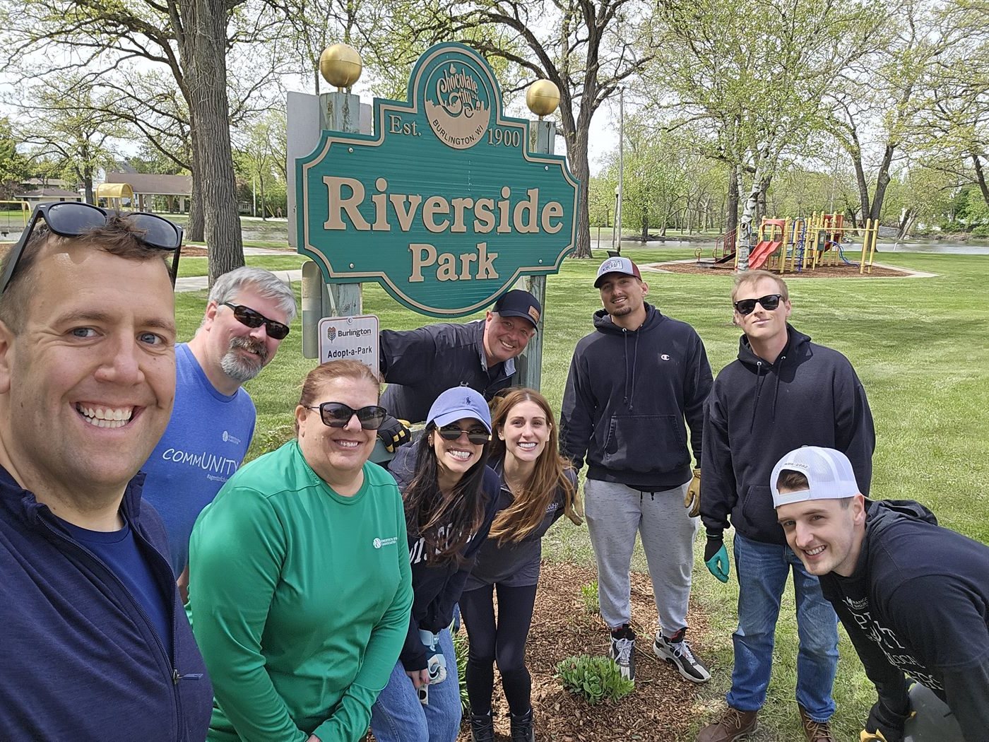 Mangold Insurance team at Riverside Park Burlington WI adopt-a-park cleanup
